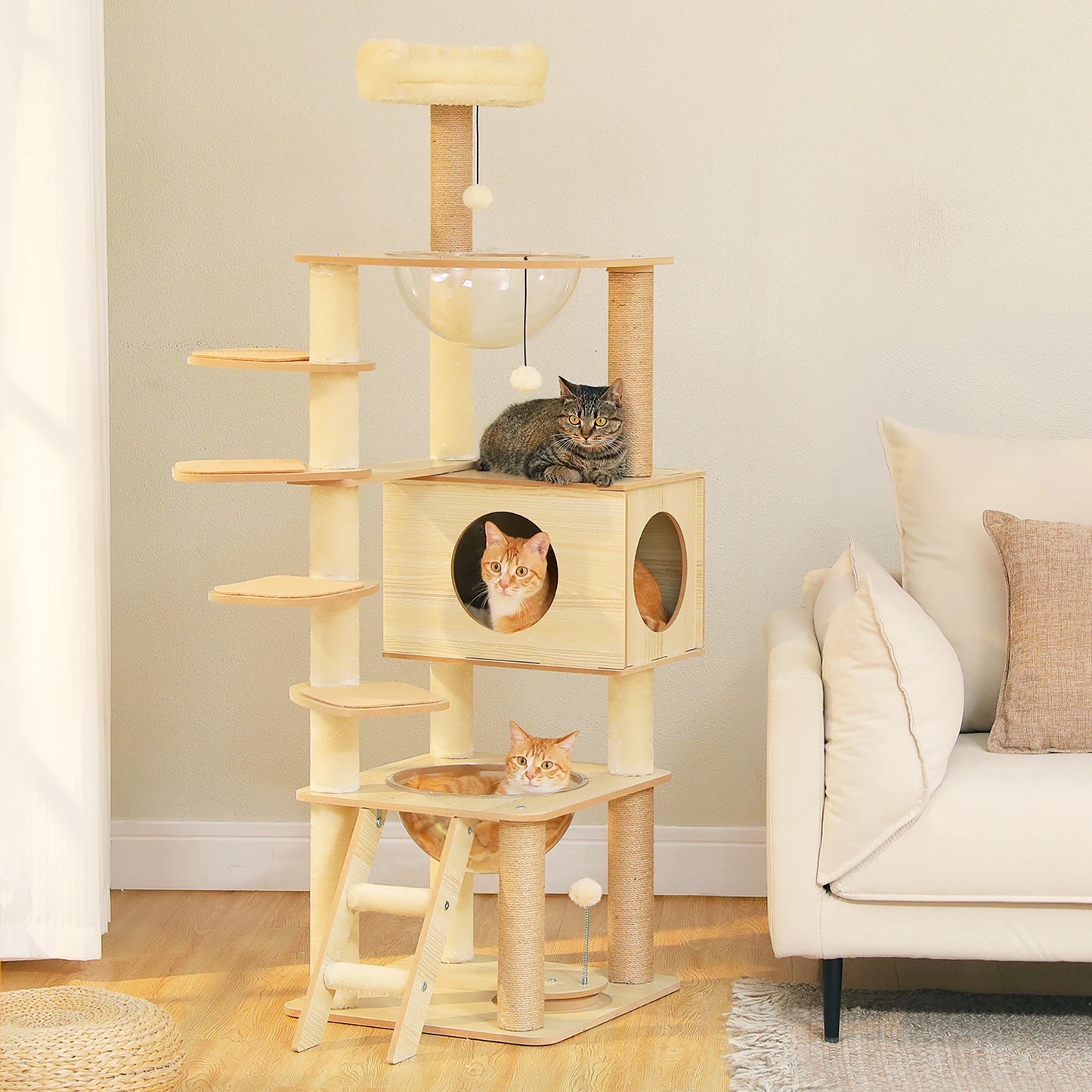Multi-Level Cat Tree for Indoor Wood Cat Tower with Scratching Posts Spacious Condo Hammock Top Perch Cat Scratcher Cat Toys