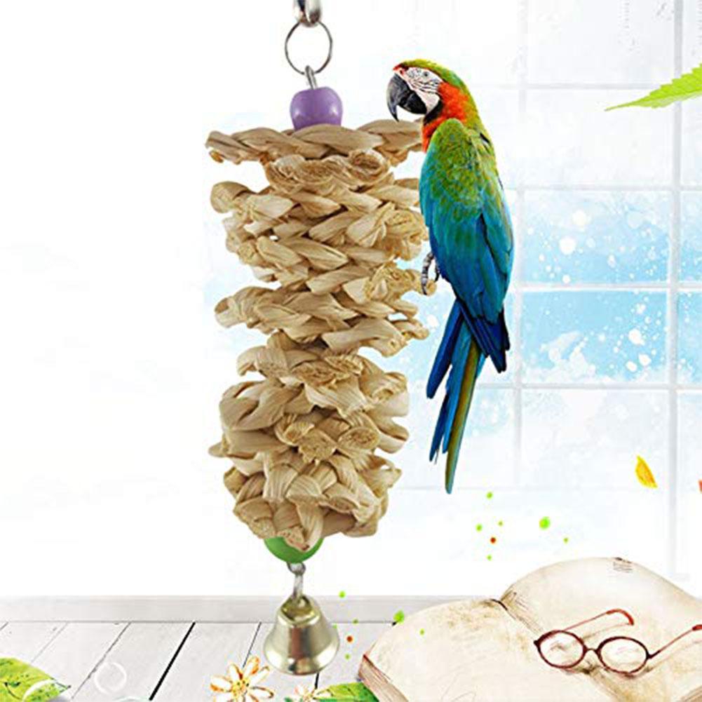 Bird Parrot Toy With Bell Natural Wooden Grass Bite Hanging Cage