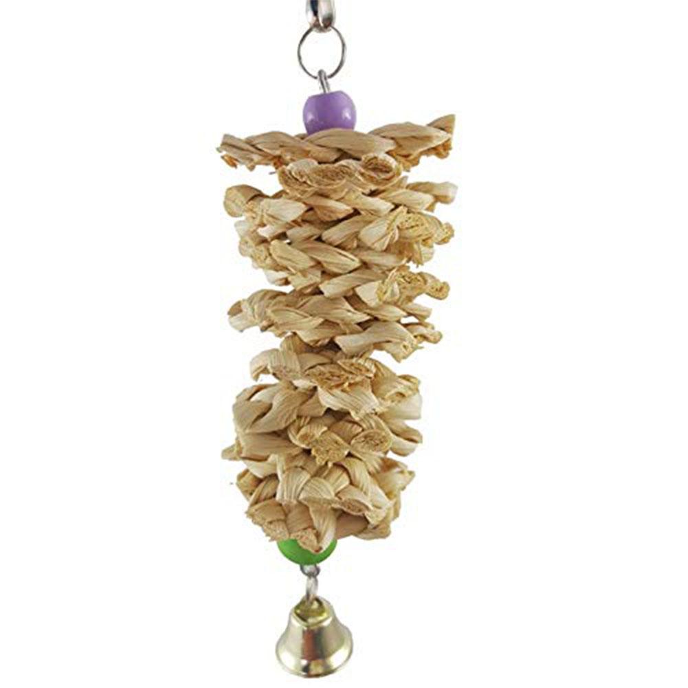 Bird Parrot Toy With Bell Natural Wooden Grass Bite Hanging Cage